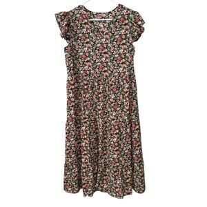 Black Pink Floral Short Sleeve Ruffle Tiered Midi Dress Size Medium